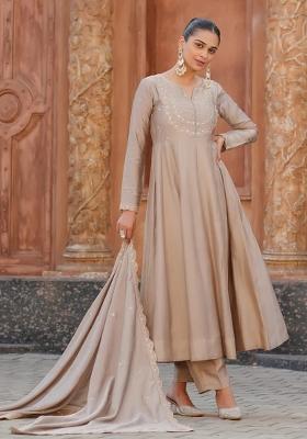 Brown Embroidered Vichitra Silk Kurta Set