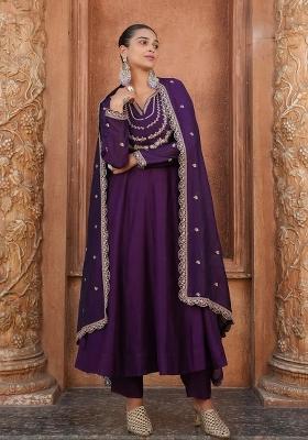 Wine Embroidered Vichitra Silk Kurta Set