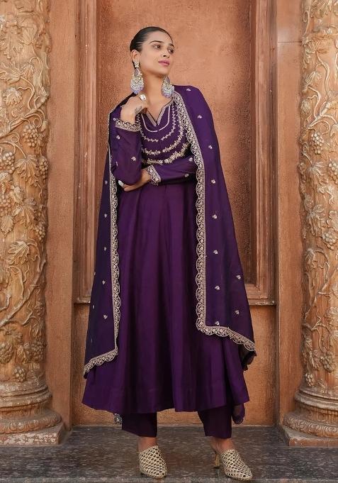 Wine Embroidered Vichitra Silk Kurta Set