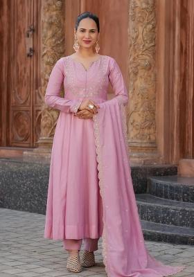 Pink Embroidered Vichitra Silk Kurta Set