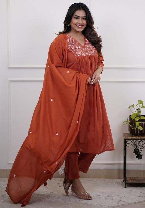 Rust Embroidered Rayon Kurta Set