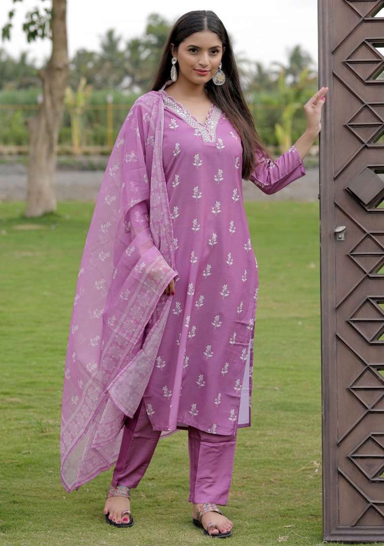 Onion Printed Rayon Straight Kurta Set - Indya