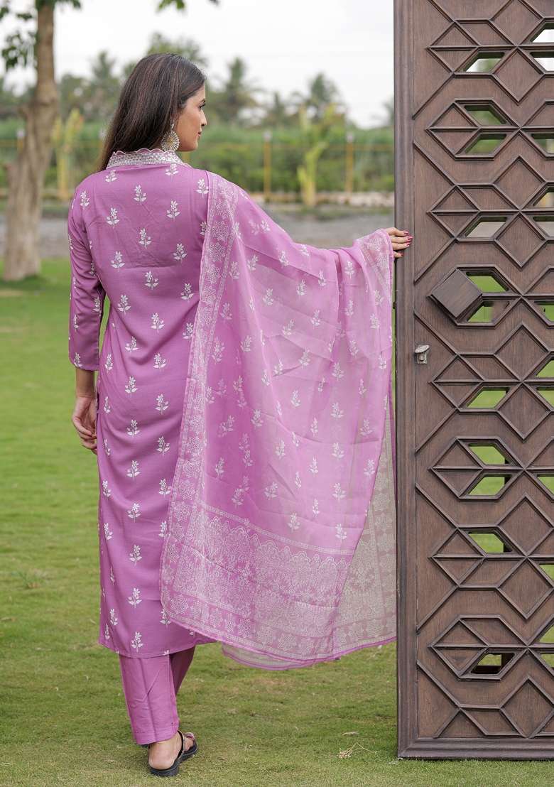 Onion Printed Rayon Straight Kurta Set - Indya