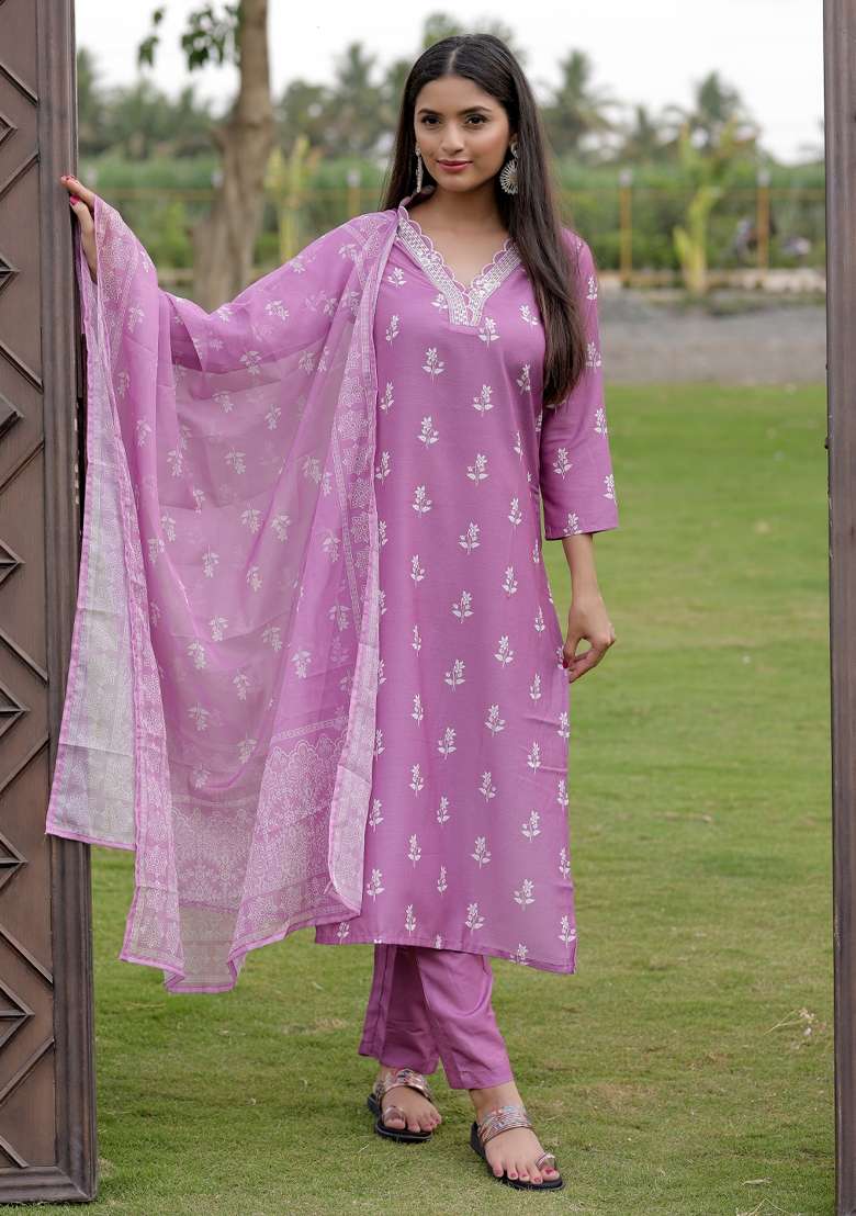 Onion Printed Rayon Straight Kurta Set - Indya