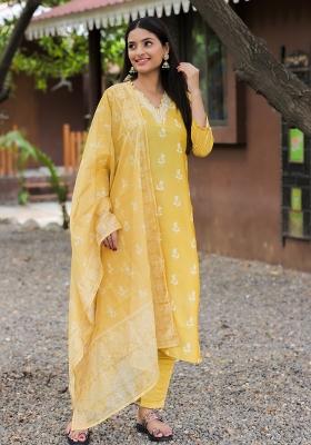 Yellow Printed Rayon Kurta Set