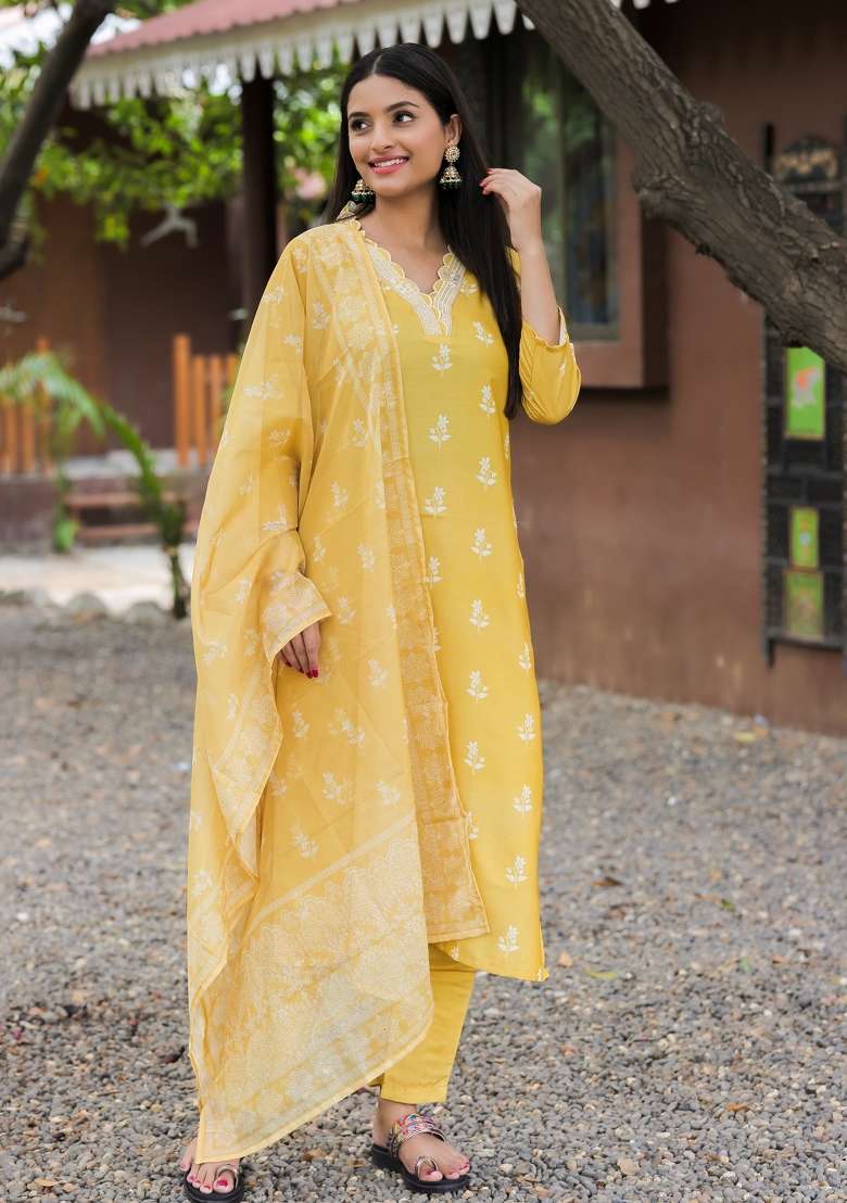 Yellow Embroidered Rayon Straight Kurta Set - Indya
