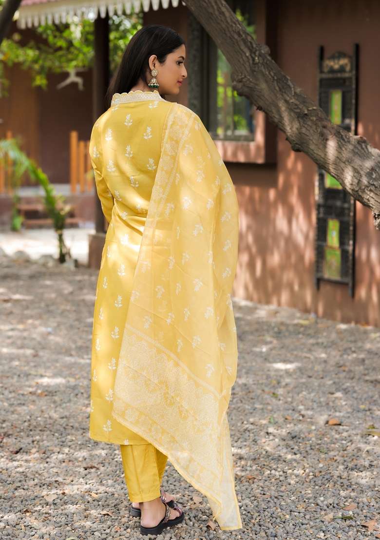 Yellow Embroidered Rayon Straight Kurta Set - Indya