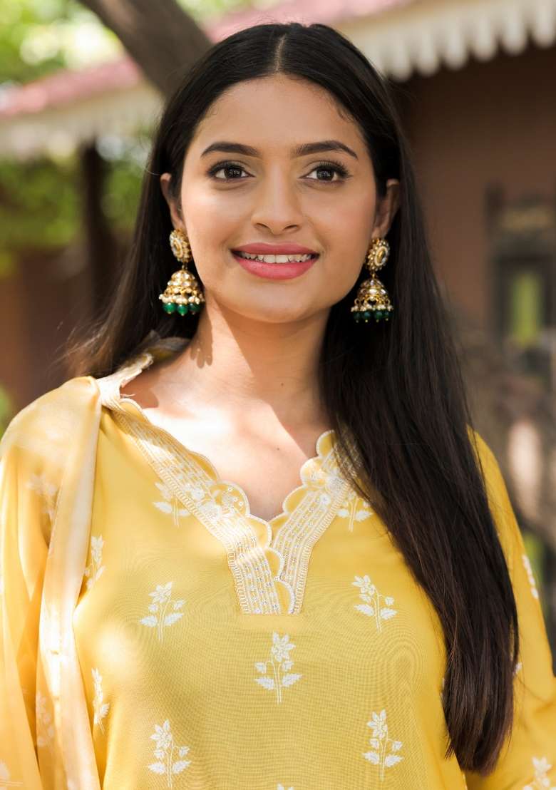 Yellow Embroidered Rayon Straight Kurta Set - Indya