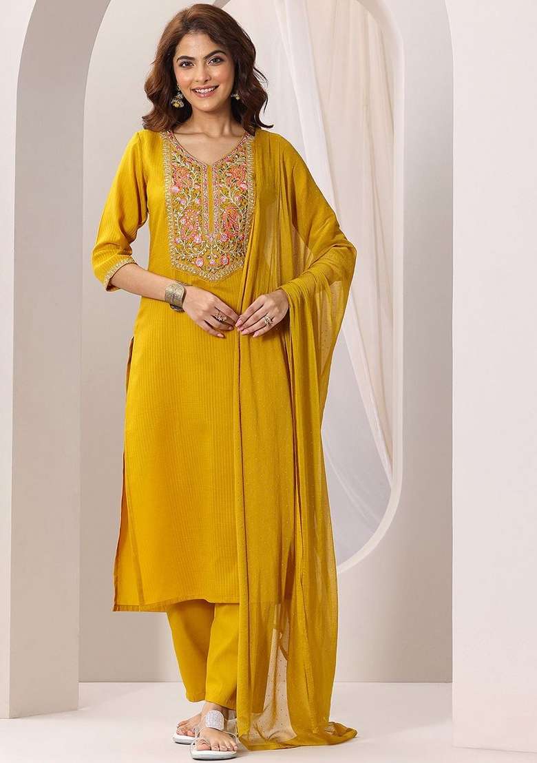 Mustard Embroidered Rayon Kurta Set - Indya