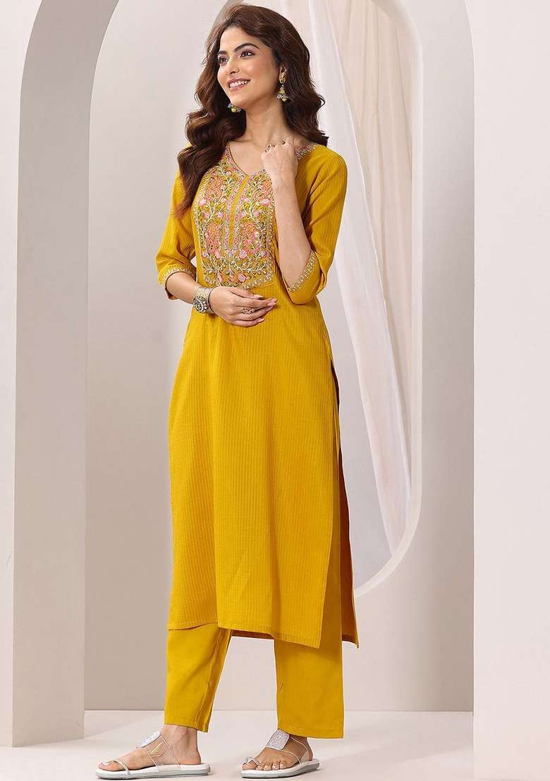 Mustard Embroidered Rayon Kurta Set - Indya