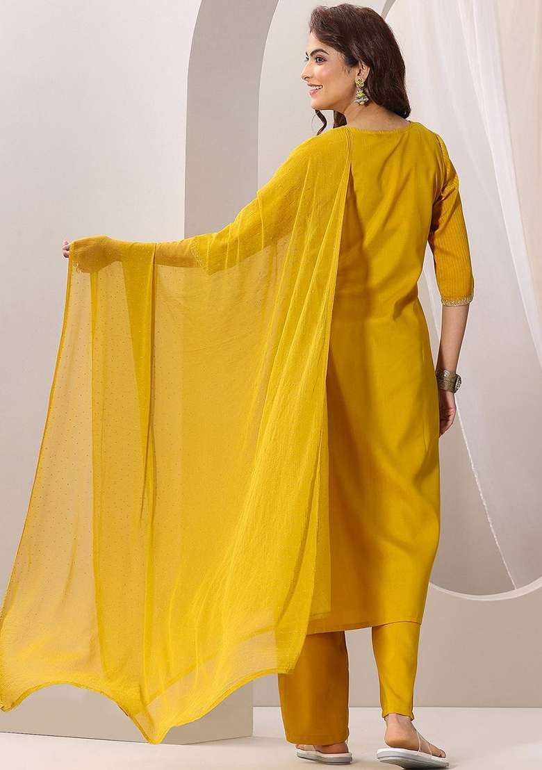 Mustard Embroidered Rayon Kurta Set - Indya