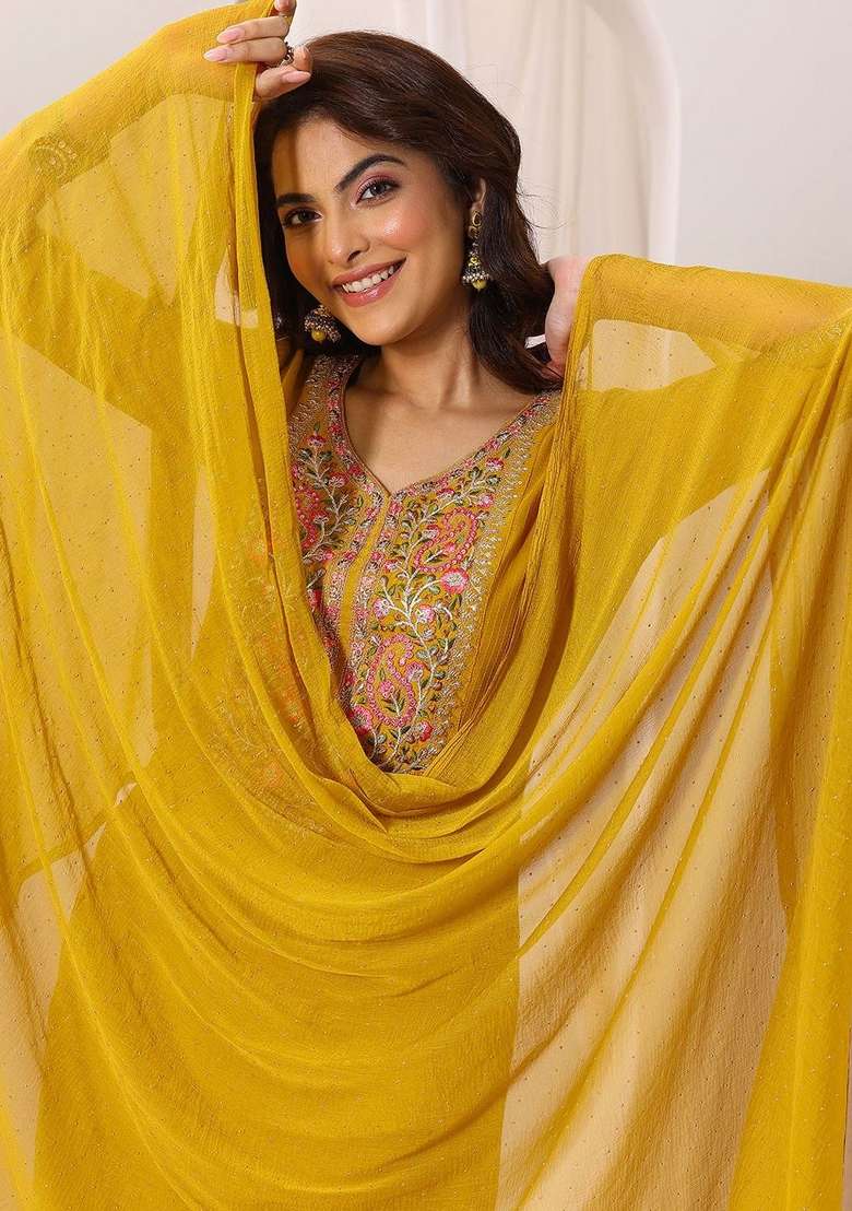 Mustard Embroidered Rayon Kurta Set - Indya
