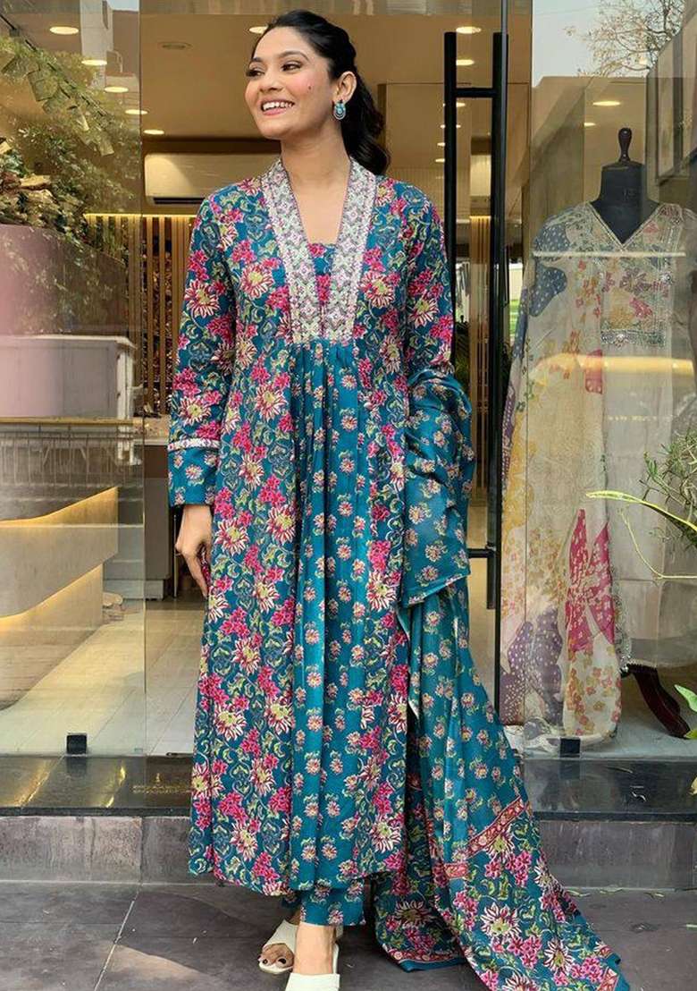 Rama Embroidered Cotton Anarkali Set - Indya