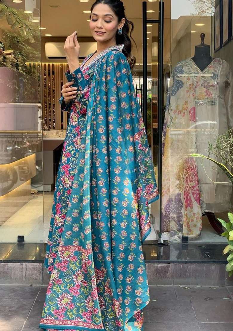 Rama Embroidered Cotton Anarkali Set - Indya