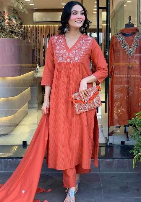 Rust Embroidered Rayon Kurta Set