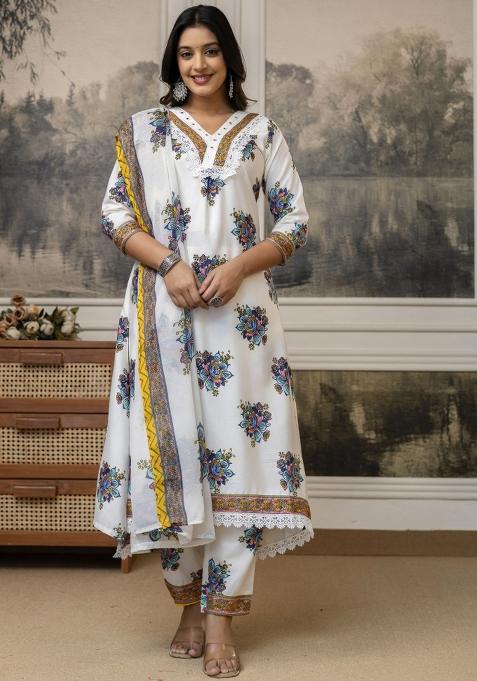 White Printed Cotton Kurta Set