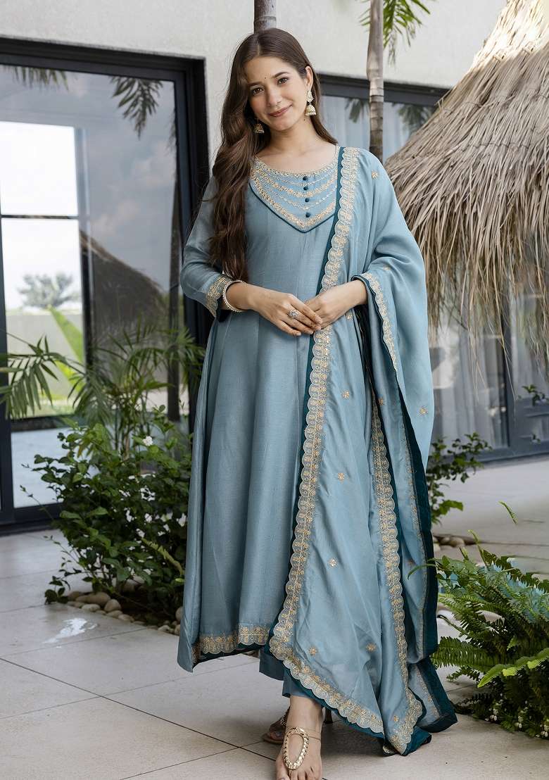 Sea Blue Embroidered Vichitra Anarkali Set - Indya
