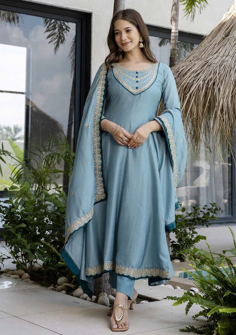 Sea Blue Embroidered Vichitra Anarkali Set - Indya