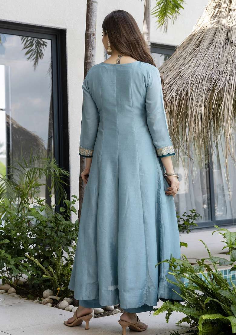 Sea Blue Embroidered Vichitra Anarkali Set - Indya