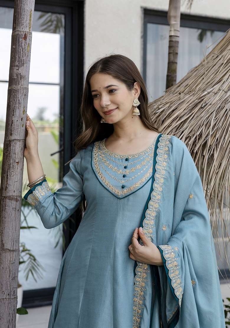 Sea Blue Embroidered Vichitra Anarkali Set - Indya