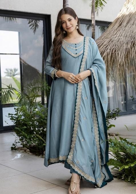 Sea Blue Embroidered Vichitra Silk Kurta Set