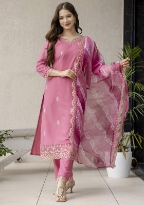 Pink Embroidered Rayon Kurta Set