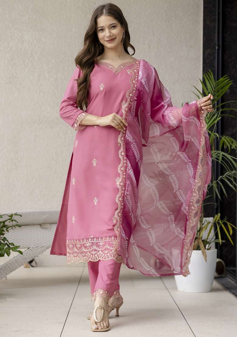 Pink Embroidered Rayon Straight Kurta Set - Indya