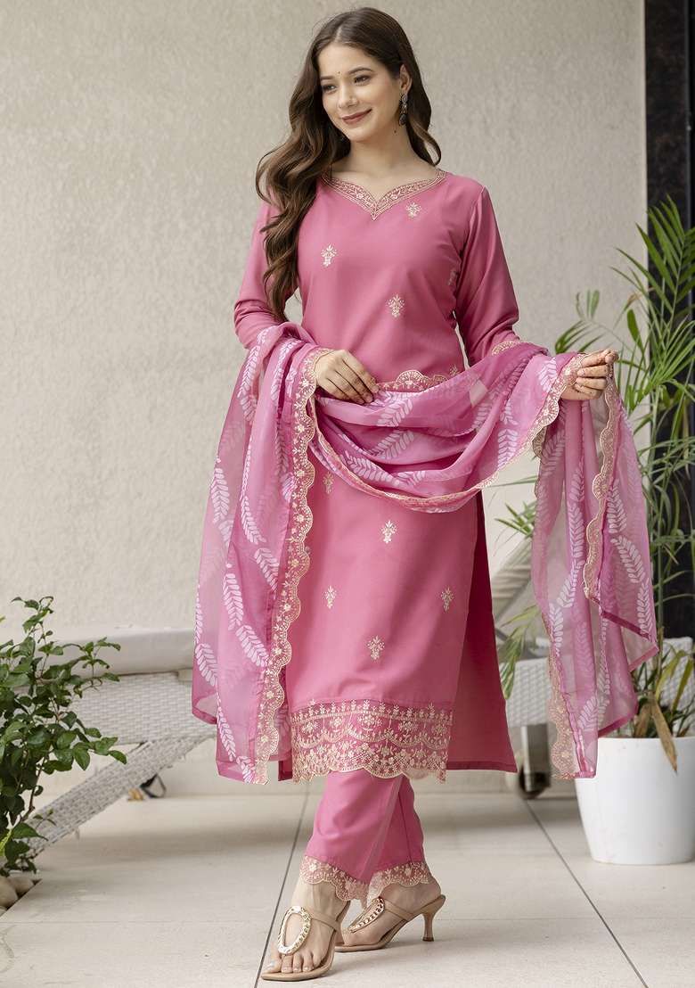 Pink Embroidered Rayon Straight Kurta Set - Indya
