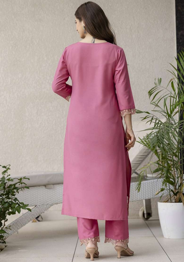Pink Embroidered Rayon Straight Kurta Set - Indya