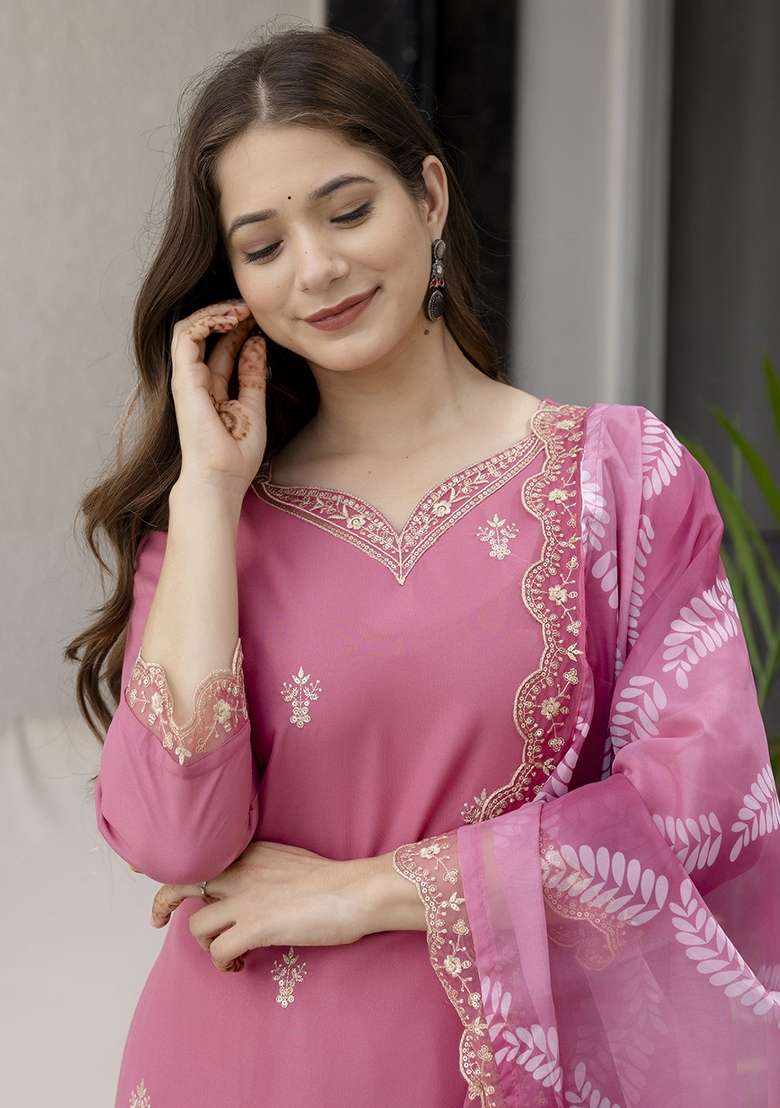 Pink Embroidered Rayon Straight Kurta Set - Indya