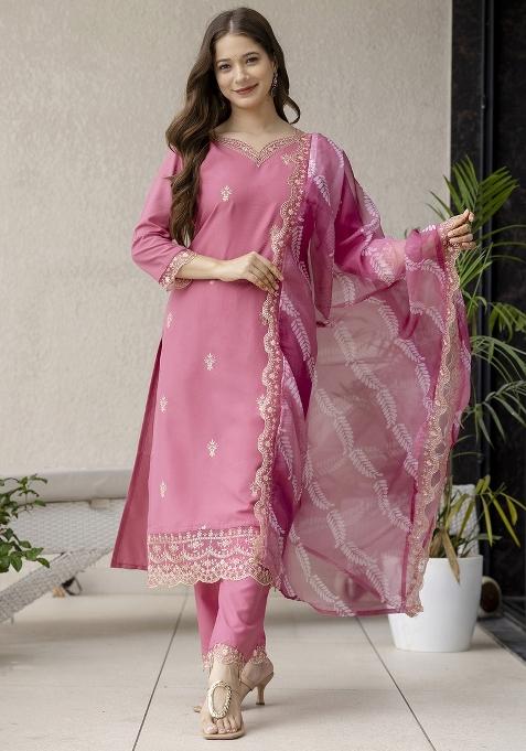 Pink Embroidered Rayon Kurta Set