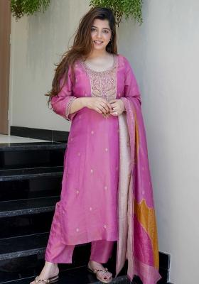 Peach Embroidered Viscose Simmer Kurta Set