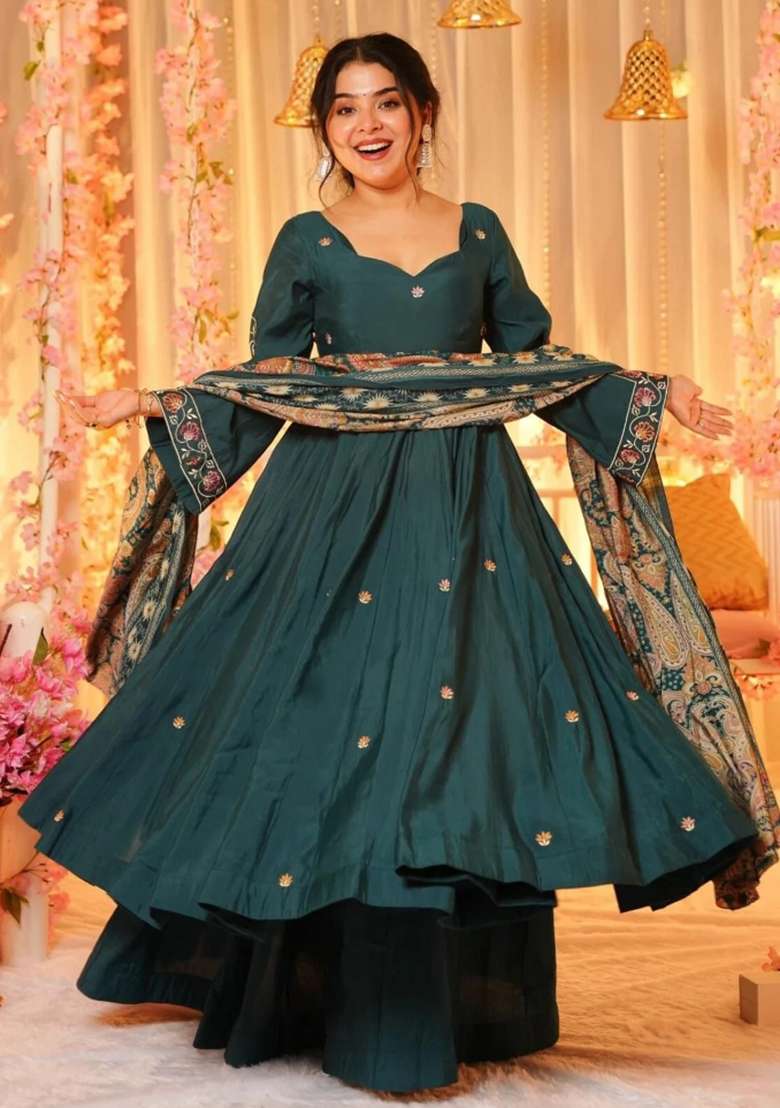 Petrol Embroidered Chanderi Anarkali Set - Indya