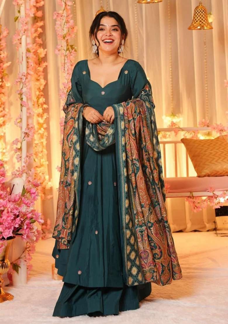 Petrol Embroidered Chanderi Anarkali Set - Indya