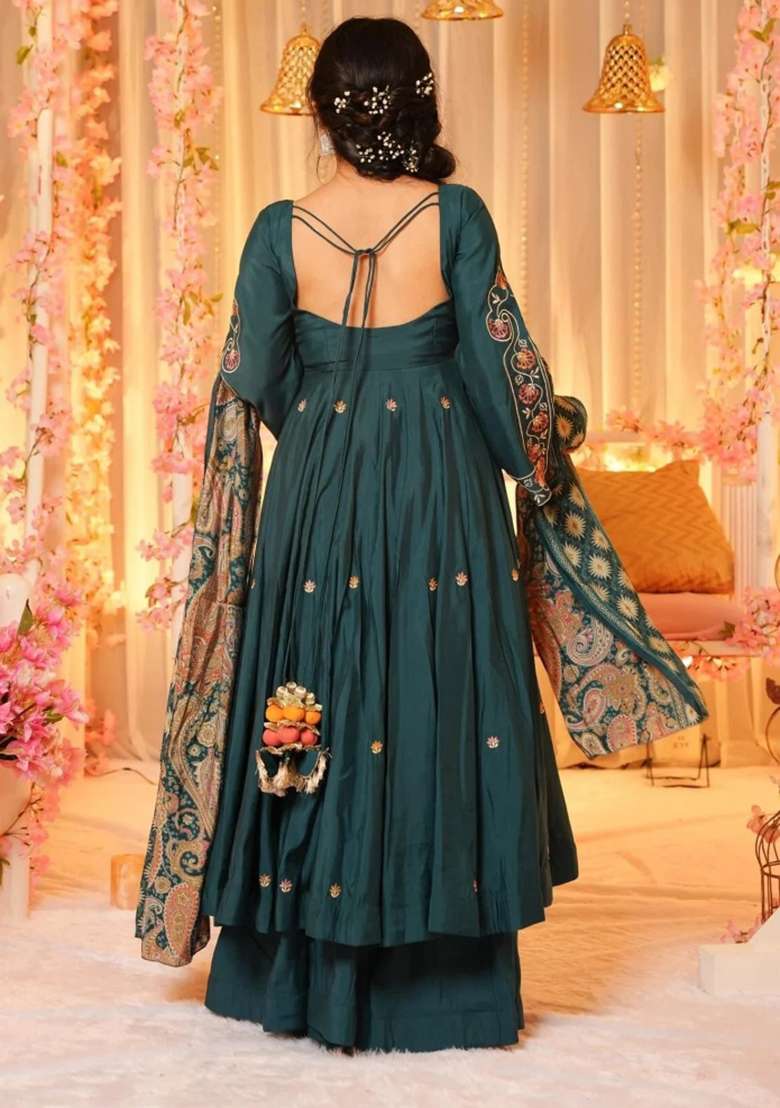 Petrol Embroidered Chanderi Anarkali Set - Indya