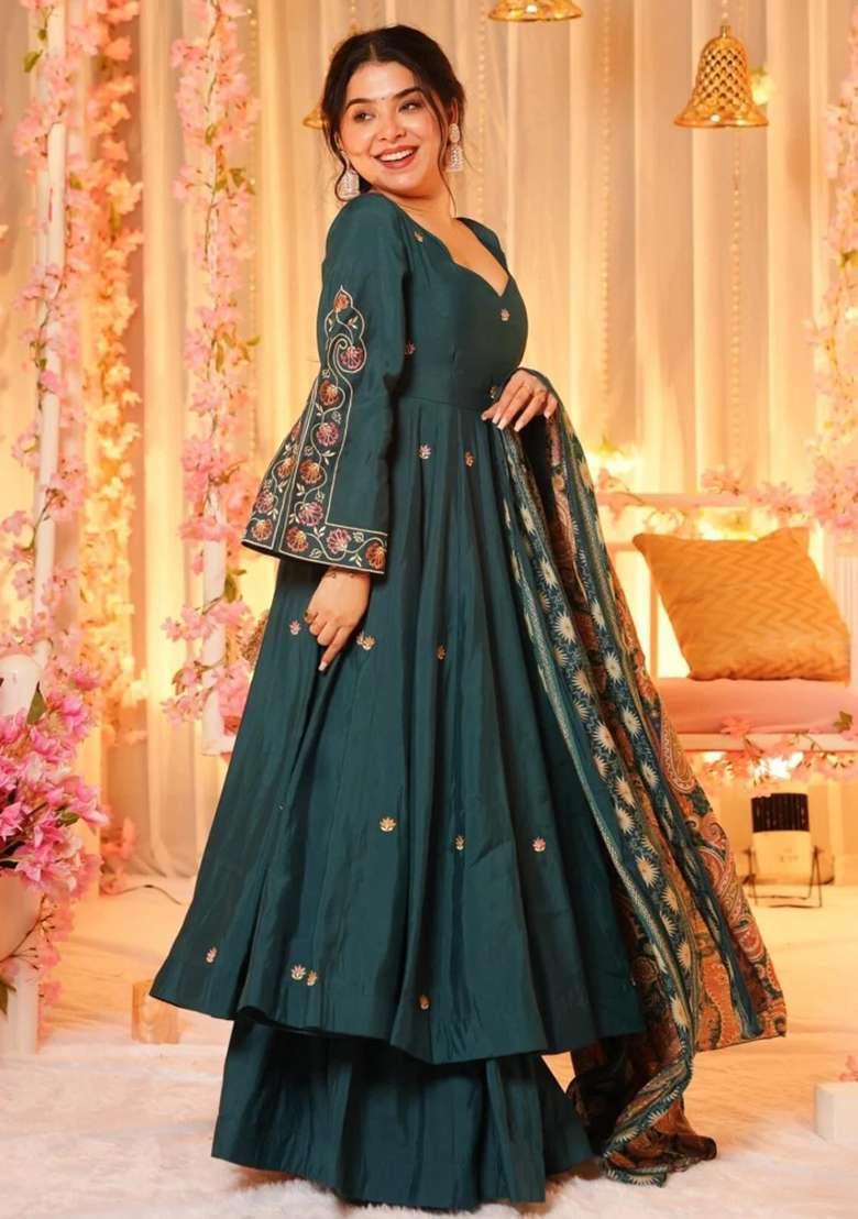 Petrol Embroidered Chanderi Anarkali Set - Indya