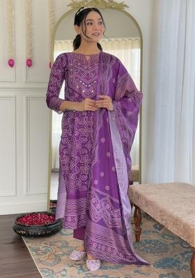 Purple Printed Franch Crepe Kurta Set