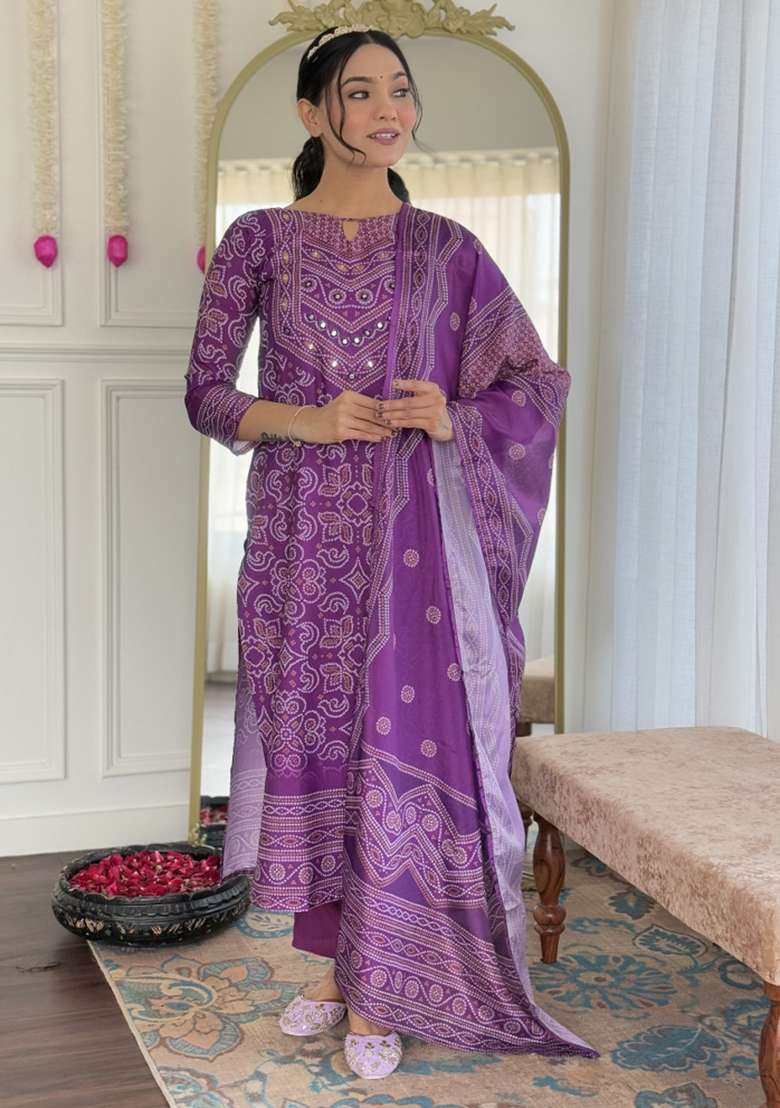 Purple Bandhani Crepe Straight Kurta Set - Indya