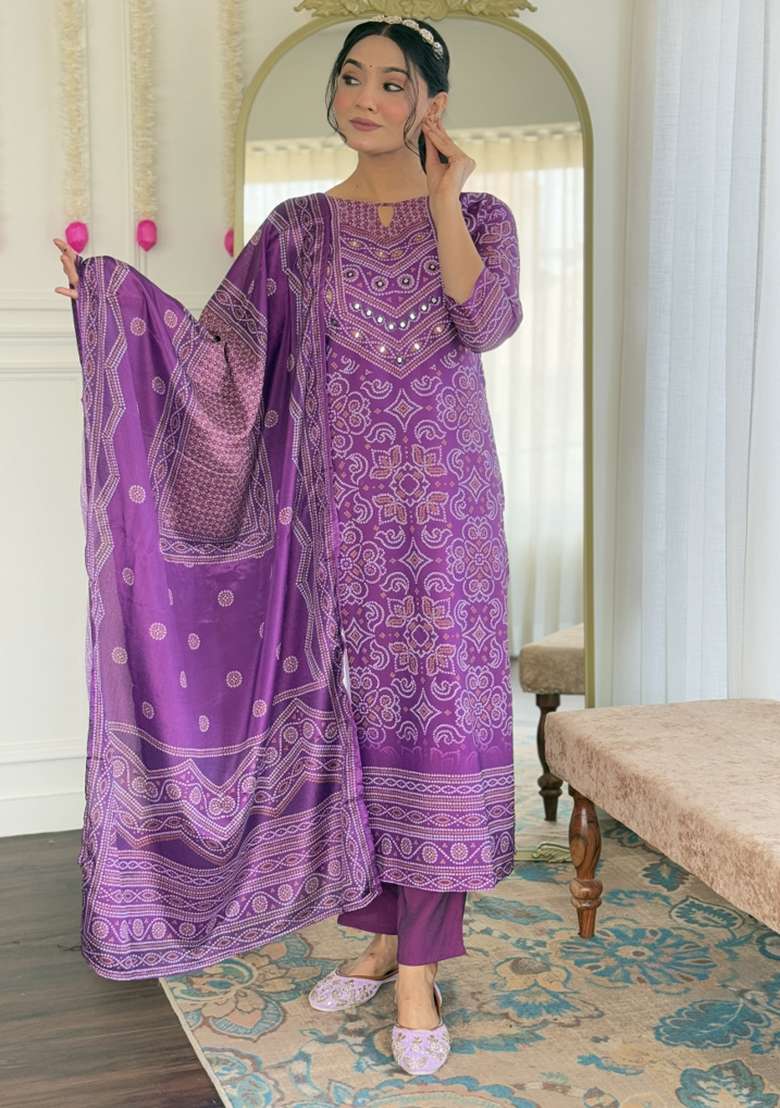 Purple Bandhani Crepe Straight Kurta Set - Indya