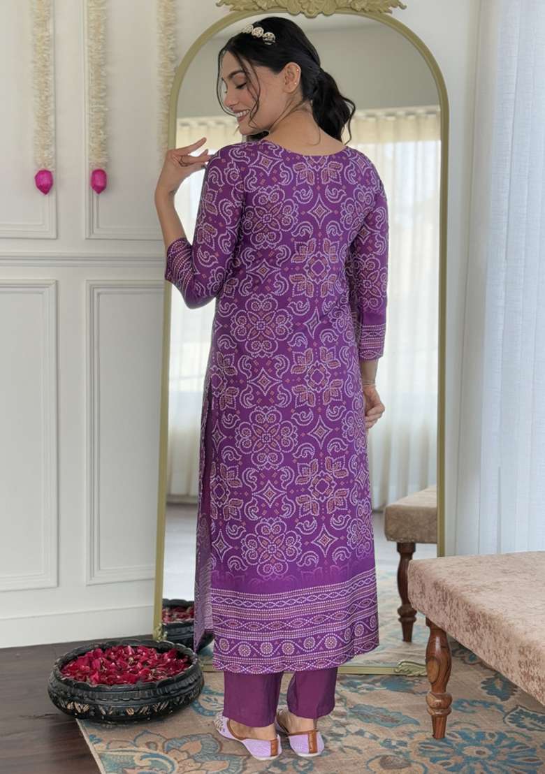 Purple Bandhani Crepe Straight Kurta Set - Indya