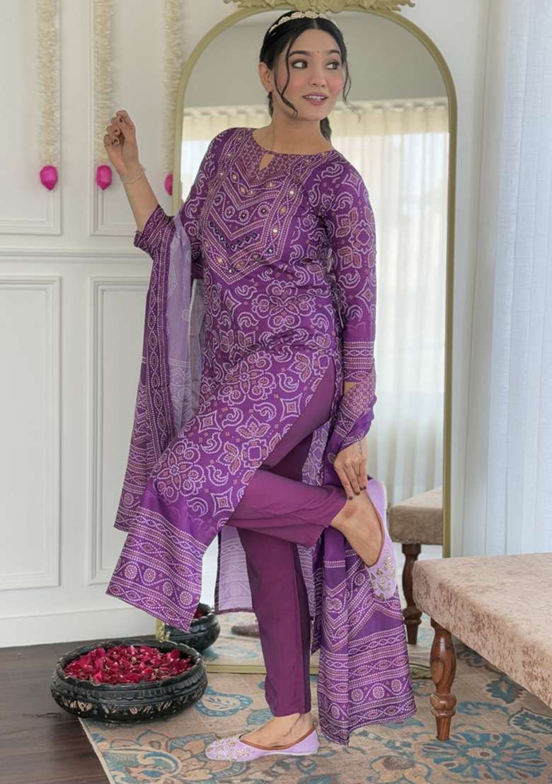 Purple Bandhani Crepe Straight Kurta Set - Indya