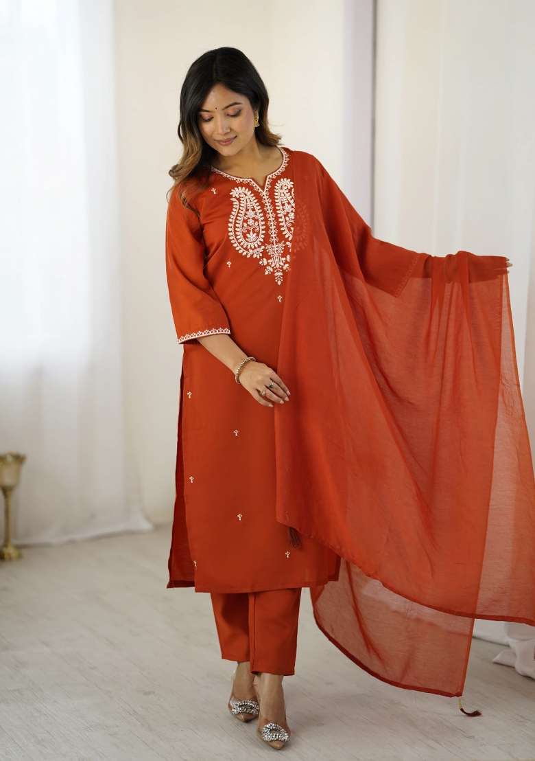 Orange Embroidered Silk Blend Straight Kurta Set - Indya