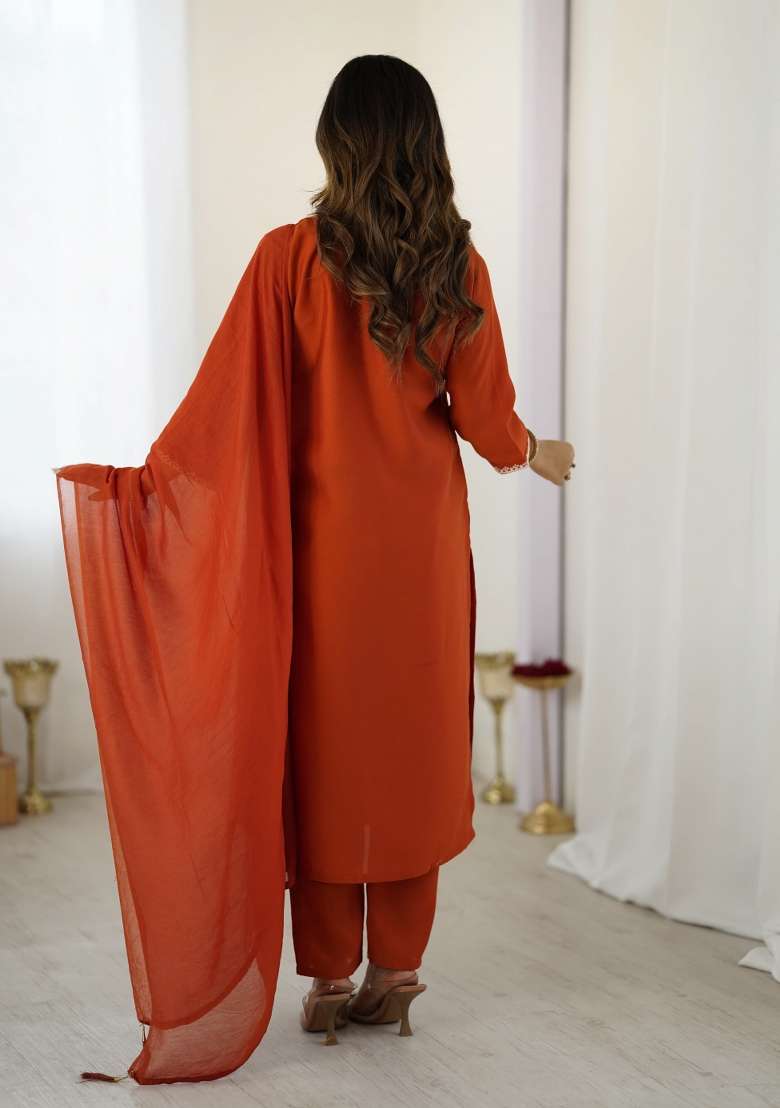 Orange Embroidered Silk Blend Straight Kurta Set - Indya