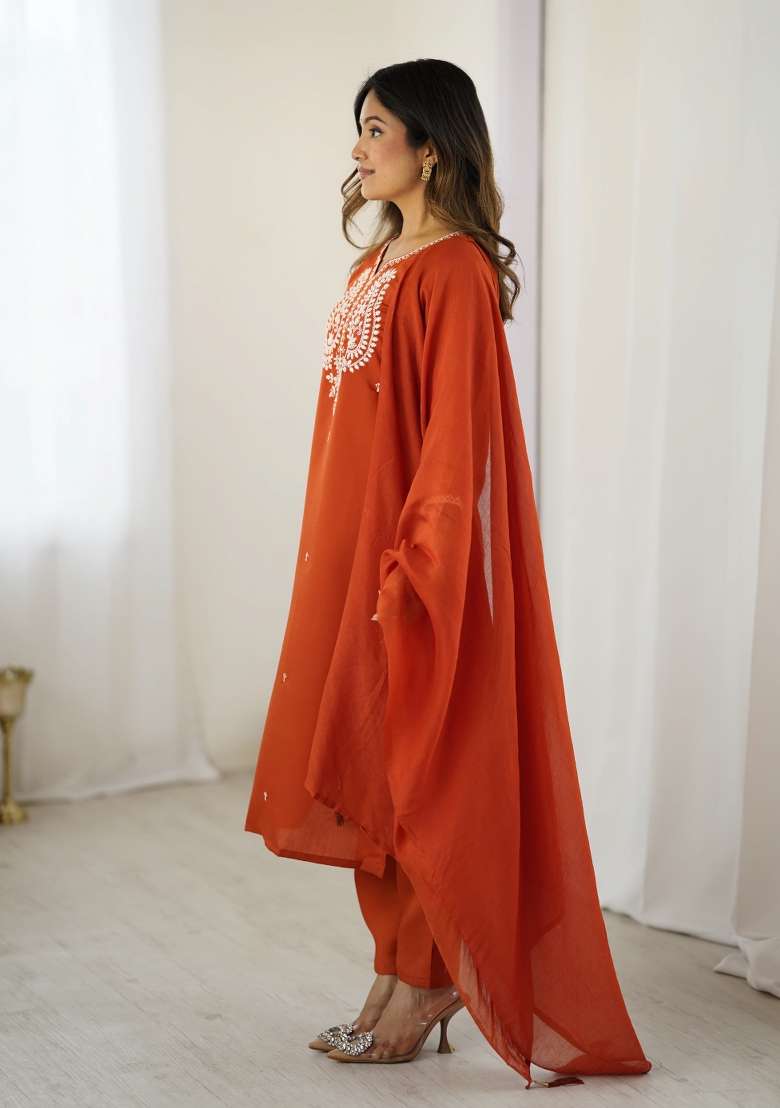 Orange Embroidered Silk Blend Straight Kurta Set - Indya