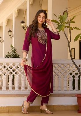 Maroon Embroidered Rayon Kurta Set