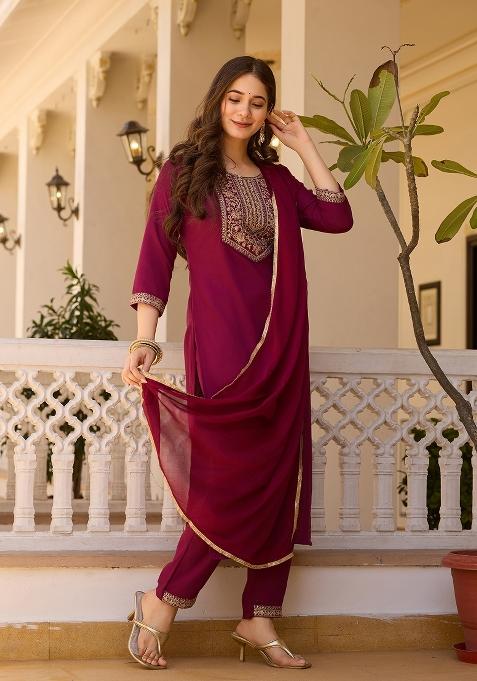 Maroon Embroidered Rayon Kurta Set