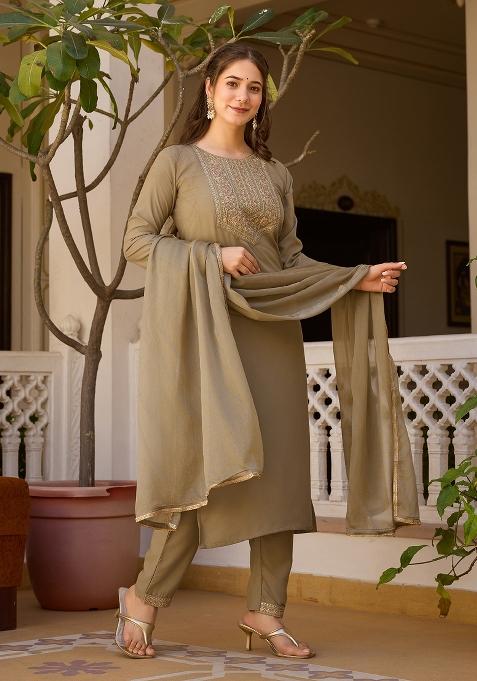 Pista Embroidered Rayon Kurta Set