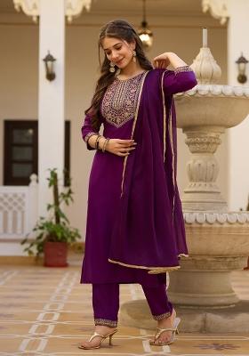 Wine Embroidered Rayon Kurta Set