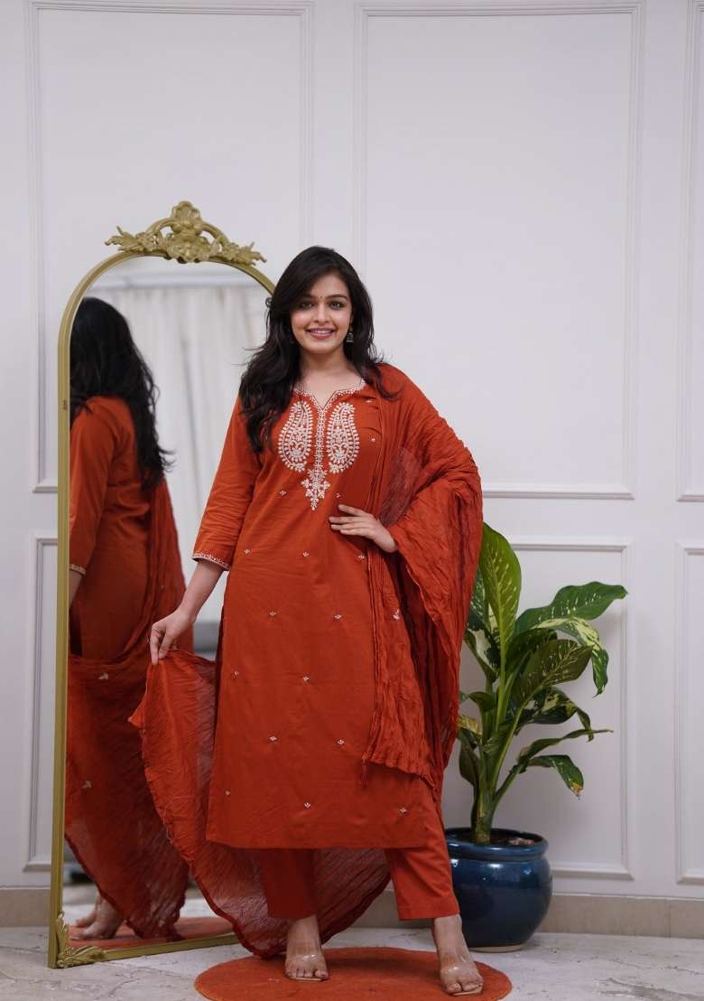 Orange Embroidered Silk Blend A Line Kurta Set - Indya