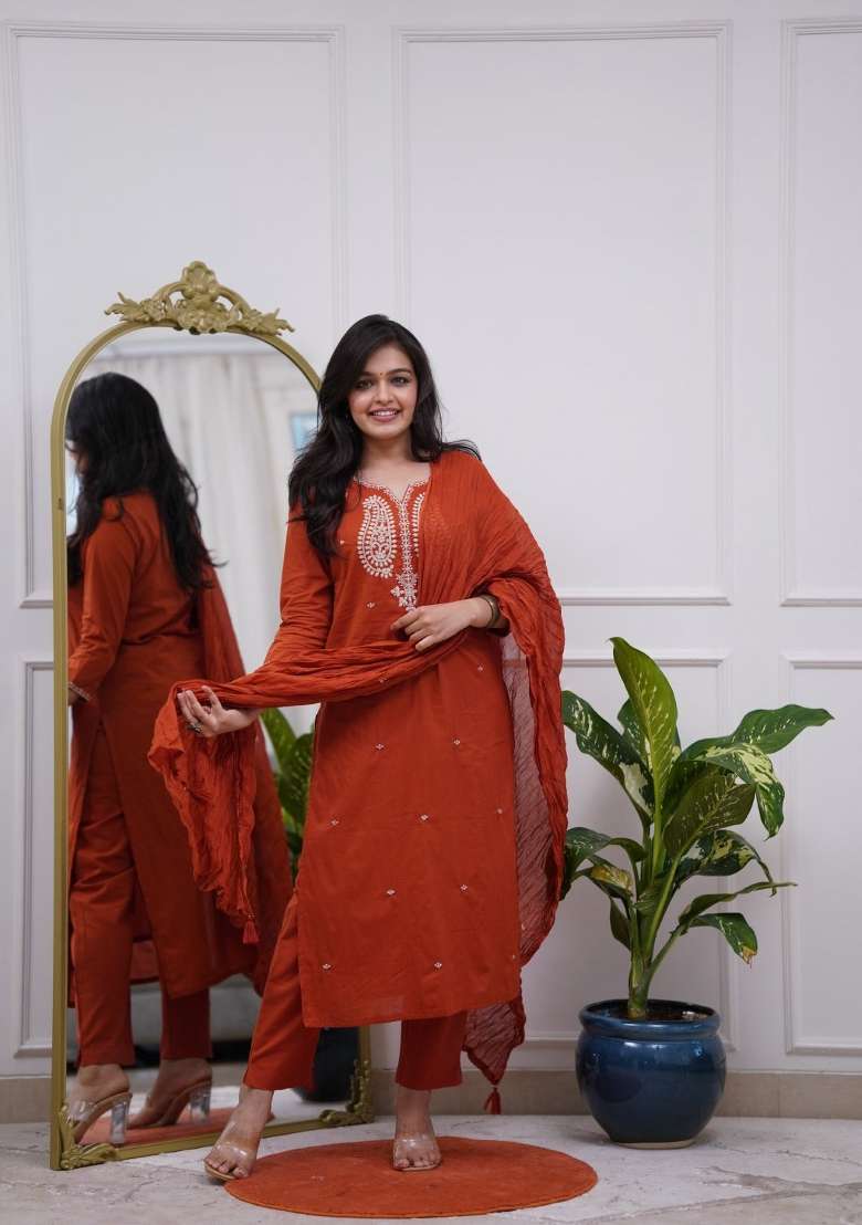 Orange Embroidered Silk Blend A Line Kurta Set - Indya